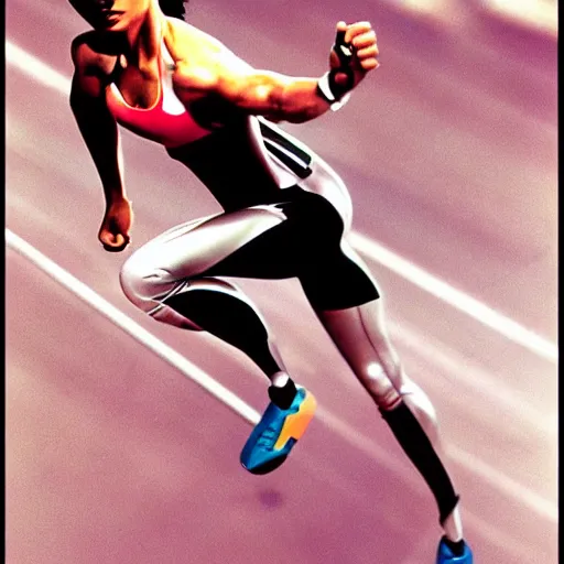 Image similar to Trinity the matrix, Female sprinter in athletic attire with cyborg legs, metal body, diesel punk, athletic footage, 1980's, olympics, cinematic, art deco