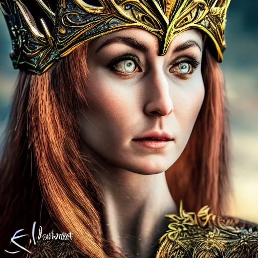 Image similar to photo of a beautiful elven queen queen with ornate crown and cloak, telephoto lens, incredibly detailed, 8k, HDR, studio