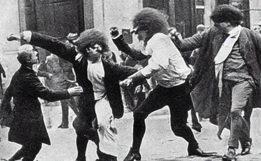 Image similar to a close - up old black and white photo, 1 9 1 3, depicting isaac newton wearing a big wig fighting gottfried leibnitz wearing a big wig in the streets of paris, rule of thirds, historical record