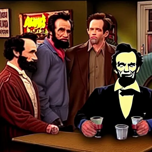 Prompt: The It's Always Sunny in Philadelphia episode where the gang meets Abe Lincoln Dee is there with Mac and so is Dennis they are at the bar, photo realistic, studio lighting, It's Always Sunny in Philadelphia