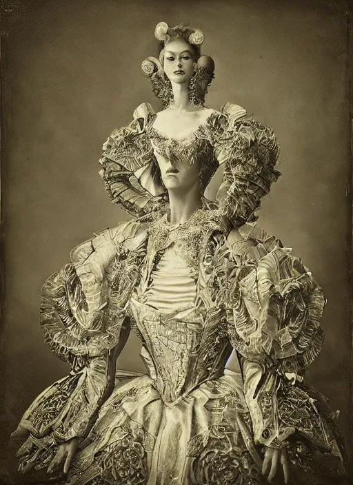 Image similar to old wetplate daguerreotype portrait of a futuristic silver armored marie antoinette cyborg, fractal, intricate, elegant, highly detailed, subsurface scattering, by jheronimus bosch and greg rutkowski and louis jacques mande daguerre