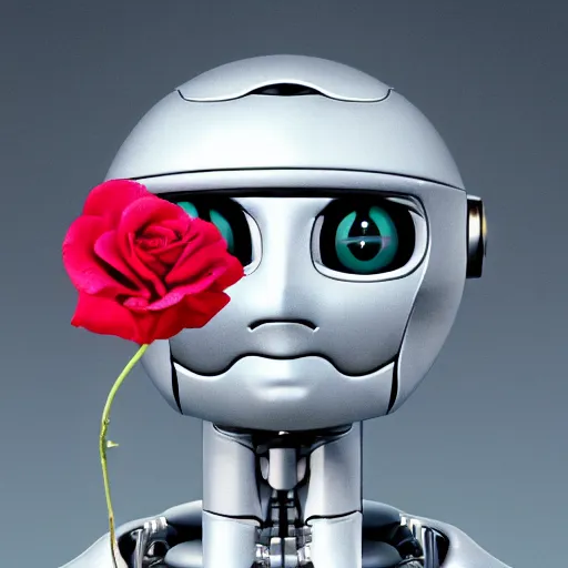 Prompt: a portrait of expressive robot, small, young, cute, large expressive eyes, biped, holding a rose, highly detailed, digital photo, hdri, by christopher bretz and john carpenter, vivid colors, high contrast, 8 k resolution, intricate, photorealistic, smooth, psychedelic color scheme, concept art, award winning, cg society contest winner