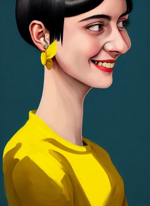 Image similar to portrait of high school girl, realistic, black hair, bangs, half updo hairstyle, pointy nose, skinny, smile, ugly, defined jawline, big chin, yellow hair bow, earrings, intricate, elegant, glowing lights, highly detailed, digital painting, artstation, sharp focus, illustration, art by wlop, mars ravelo and greg rutkowski