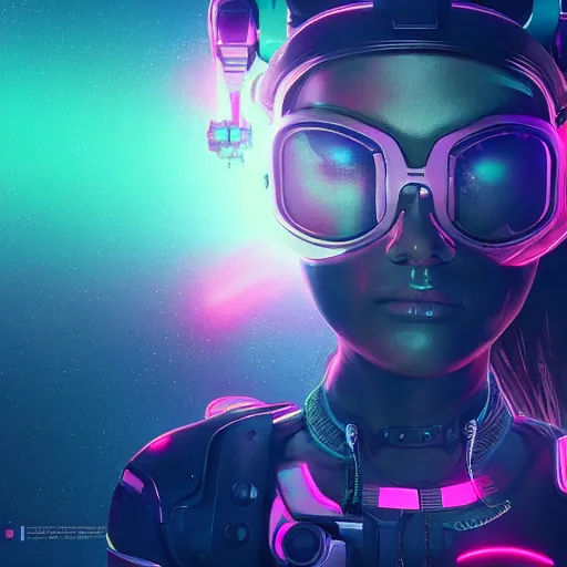 Image similar to cyberpunk concept cool girl cyborg bot, cinema 4 d, galaxy, ufo, space sci - fi, wearing vr goggles, illustration, portrait, pastel neon textured background night, trending on artstation, greg rutkowski, octane rendered, 1 2 k, detailed,