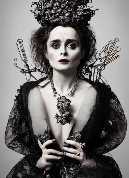 Image similar to a portrait of helena bonham carter by erwin olaf and nekro borja, photorealistic, intricate details, hyper realistic, dark fantasy, rococo onyx headpiece, crystals, photorealistic, canon r 3, photography, symmetrical features, symmetrical pose, wide angle shot, head to toe, standing pose, feet on the ground,