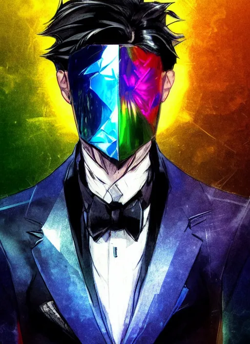 Image similar to Half body portrait of a god of intellect, a man in a rainbow tuxedo wearing a shattered mirror mask. In style of Yoji Shinkawa and Hyung-tae Kim, trending on ArtStation, dark fantasy, great composition, concept art, highly detailed, dynamic pose.