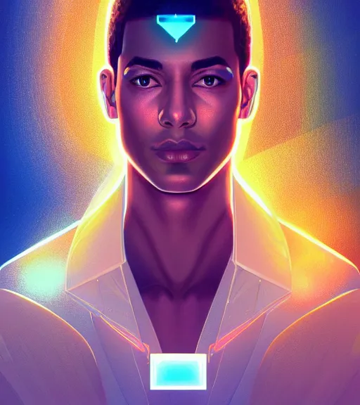 Image similar to symmetry!! egyptian prince of technology, solid cube of light, hard edges, product render retro - futuristic poster scifi, lasers and neon circuits, brown skin man egyptian prince, intricate, elegant, highly detailed, digital painting, artstation, concept art, smooth, sharp focus, illustration, dreamlike, art by artgerm