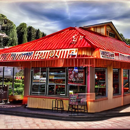 Prompt: Hamburger House in Fast Food Land, Realistic, HDR, Clear Image, HDD, RTX ON,