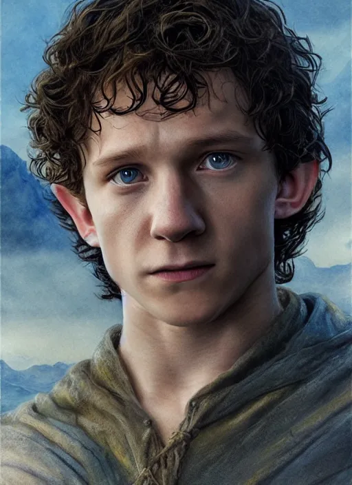 Image similar to portrait of tom holland as frodo, hobbit wearing a gold ring with engravings on his finger, by alan lee, lord of the rings, smooth, detailed terrain, oil painting, matte painting, concept art, trending on artstation, promotional artwork, film still, elegant, photorealistic facial features, intricate, detailed face, cinematic lighting