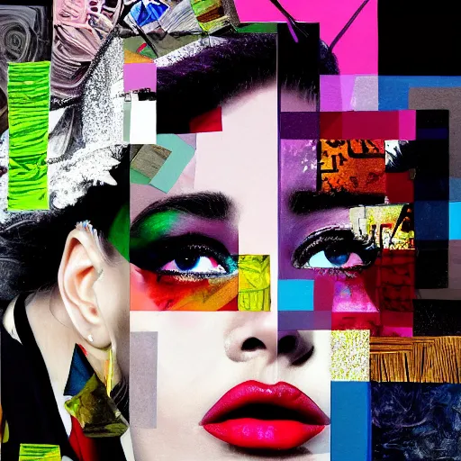 Prompt: fashion icon, contemporary collage, highly detailed, digital painting, 4 k, hdr, punk, uk style, smooth, sharp focus, art by nick knight, sandra chevrier and john hoyland