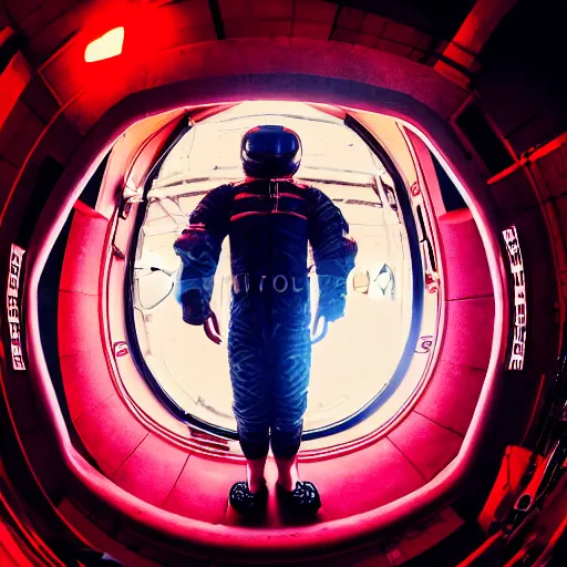 Image similar to color photo of fit man going in spacesuit in cyberpunk city in red and white light from ground level fisheye, cyberpunk, hyper detailed, old camera - H 1280 - 720