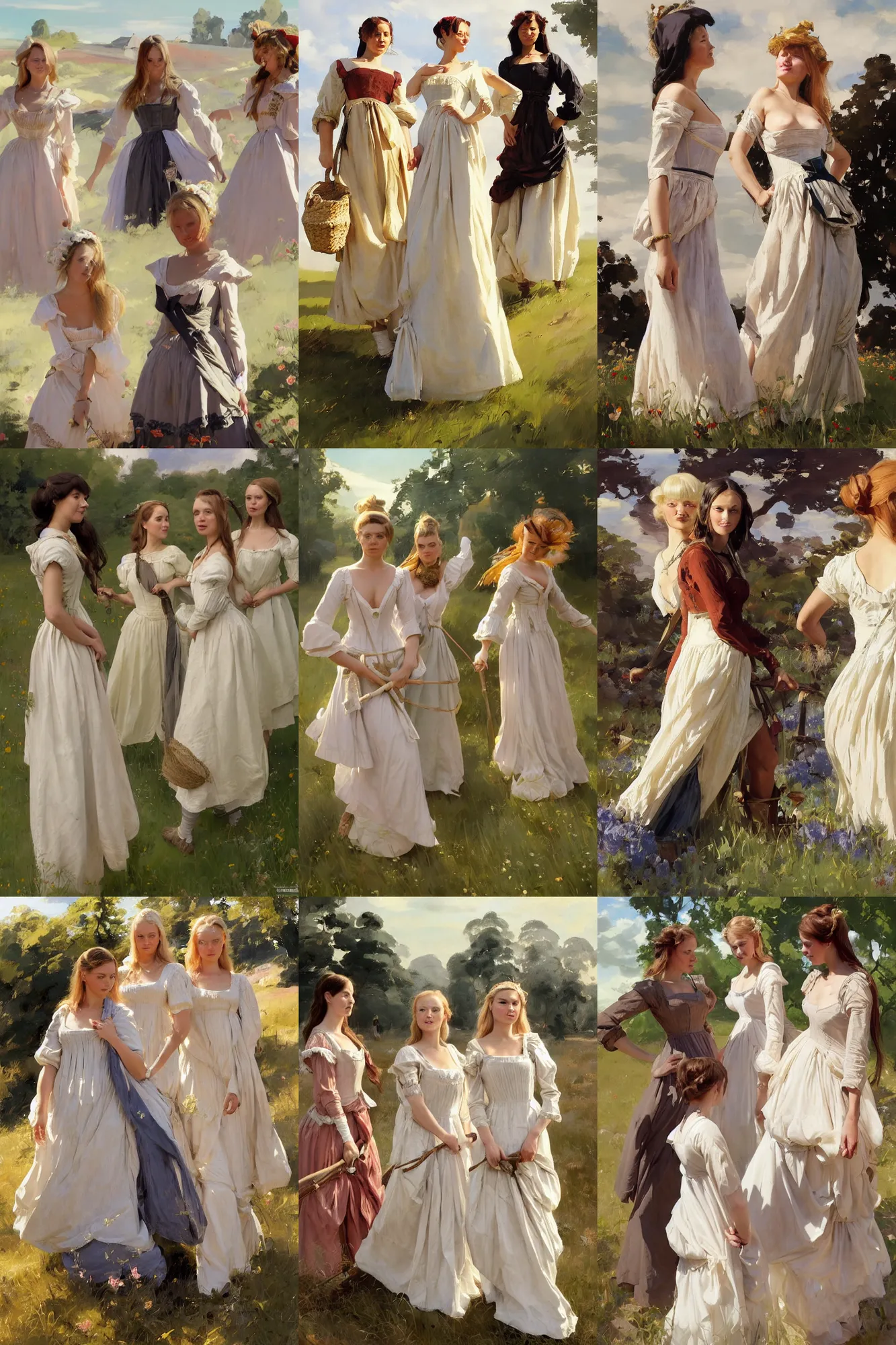 Prompt: three of finnish norwegian swedish scandinavian attractive glamour models wearing as village maidens in 1 7 th century bodice with low neckline walking in the field in a sunny day, jodhpurs greg manchess painting by sargent and leyendecker, studio ghibli fantasy medium shot asymmetrical intricate elegant matte painting illustration hearthstone, by greg rutkowski by greg tocchini by james gilleard