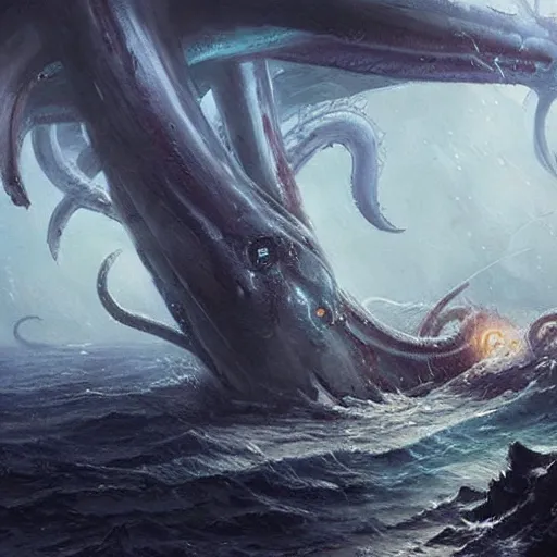 Prompt: a giant squid with bulging eyes, tentacles rising from the sea, exploded ship, magic the gathering art, art by greg rutkowski, fantasy rpg, league of legends