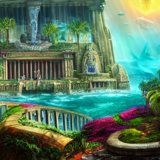 Prompt: lost city of atlantis, hyper realism, colorful, 8 k, realistic,