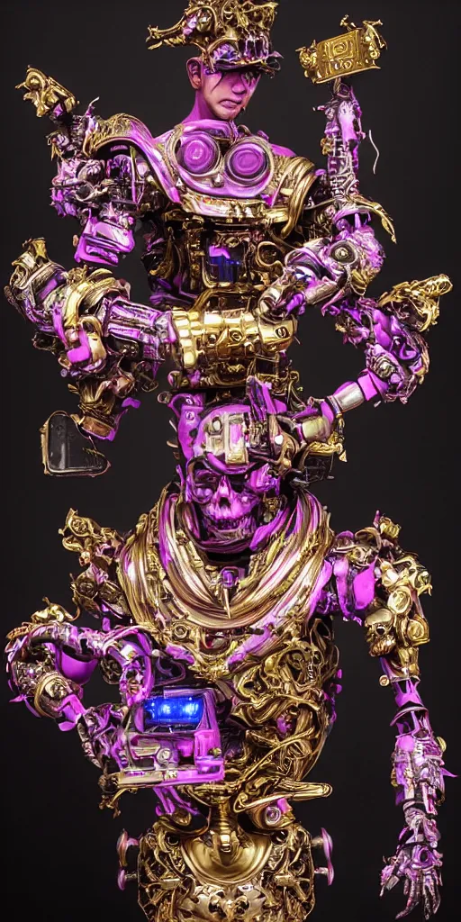 Image similar to full-body baroque and cyberpunk style sculpture of a young seductive Hispanic prince half android with a chest exposing a glowing gemstone battery and a CRT monitor face, glowing pink seductive laser eyes, crown of blue gears and diamonds, swirling salmon-colored silk fabric, robotic raptors dinosaurs. baroque elements. full-length view. intricate artwork by caravaggio. art by Artgerm and Greg Rutkowski and Alphonse Mucha, Trending on artstation, cinematic industrial lighting, hyper realism, octane render, 8k, depth of field, 3D