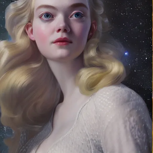 Prompt: leyendecker and peter paul rubens, head and shoulders portrait of a elle fanning in space, unreal engine, fantasy art by global illumination, radiant light, detailed and intricate environment