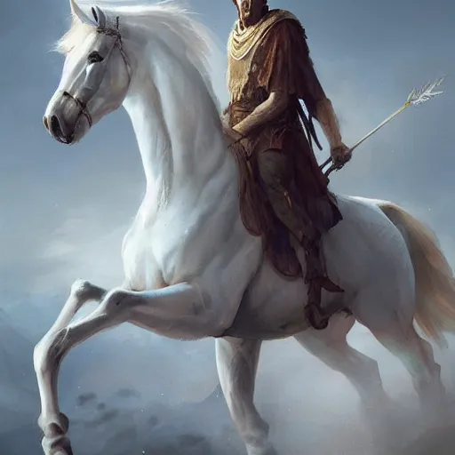 Prompt: a white horse The one who rode him carried arrows and a bow in his hand, and they gave him a crown, digital Art, Greg rutkowski Trending artstation
