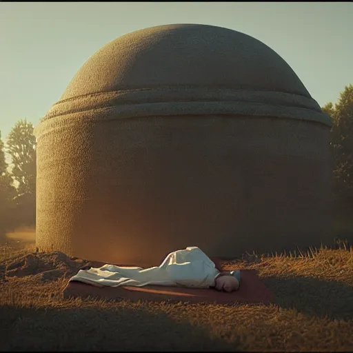 Prompt: a priest sleeping in a large clay pot, foggy, sun rays, cinematic shot, photo still from movie by denis villeneuve, unreal engine 5