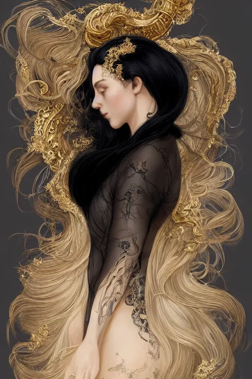 Image similar to fullbody!! of a beautiful woman with white hair, big natural horns on her head, long flowing intricate black lace dress, gold jewellery, dnd, face, fantasy, intricate, elegant, highly detailed, digital painting, artstation, concept art, smooth, sharp focus, illustration, art by artgerm and greg rutkowski and alphonse mucha