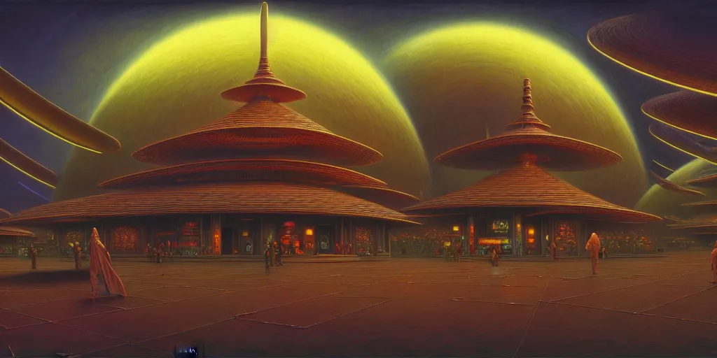 Prompt: cinematic view of a retro scifi pagoda, desaturated, psychedelic, tim hildebrandt, wayne barlowe, bruce pennington, donato giancola, larry elmore, oil on canvas, masterpiece, trending on artstation, featured on pixiv, cinematic composition, dramatic, beautiful lighting, sharp, details, hyper - detailed, hd, hdr, 4 k, 8 k