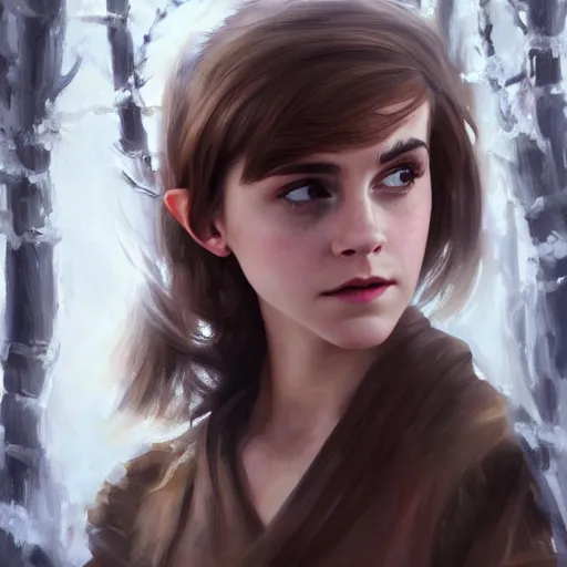 Prompt: a movie still frame, of emma watson as a female elf, oil on linen, beautiful painting, by tooth wu, artgerm, fantasy concept art portrait, by bayard wu,