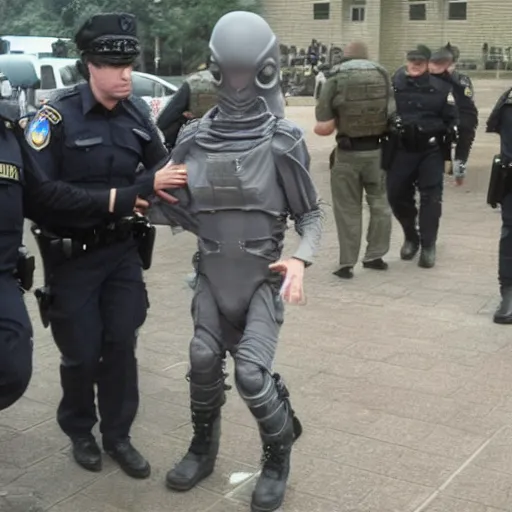 Image similar to extraterrestrial zeta reticulan grey alien, being arrested by spetsnaz