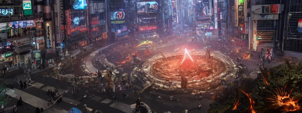 Image similar to large sinkhole in the middle of shibuya tokyo, with ancient glowing spiked wyvern flying creatures emerging from the hole, in the style of monster hunter world, like concept art on artstation, hyperdetailed, vray render, octane render,