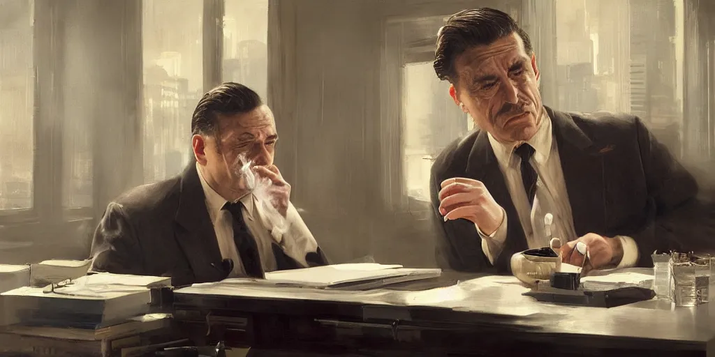 Image similar to beautiful oil matte portrait painting, mafia boss smoking at his 5 0 s new york office desk, wonderful masterpiece highly detailed, beautiful cinematic light deep focus, elegant, digital painting, smooth, sharp focus, golden ratio, dramatic illumination, ultra realistic, 8 k, art by jimmy law