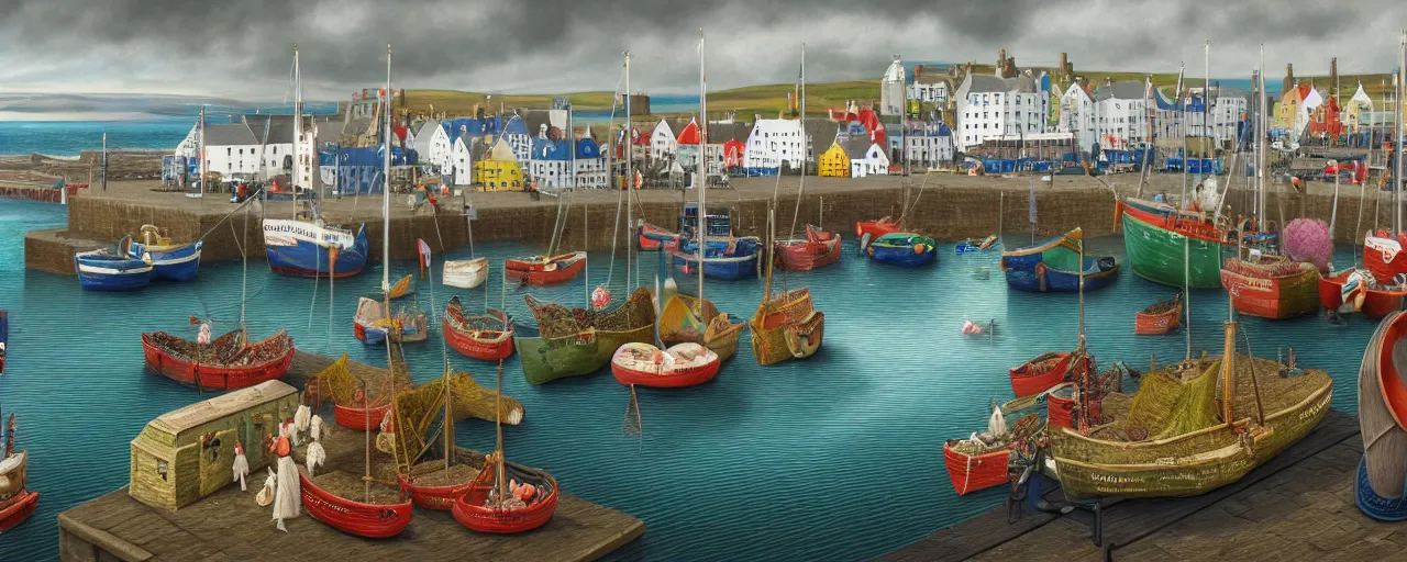 Prompt: a miniature diorama of the harbour at stromness orkney, by kevin sloan, colorful, crowds, fish market stalls, seaweed, shells, starfish, seahorse, octopus, dutch masters, very detailed, octane render, cinematic lighting, 8 k, hd