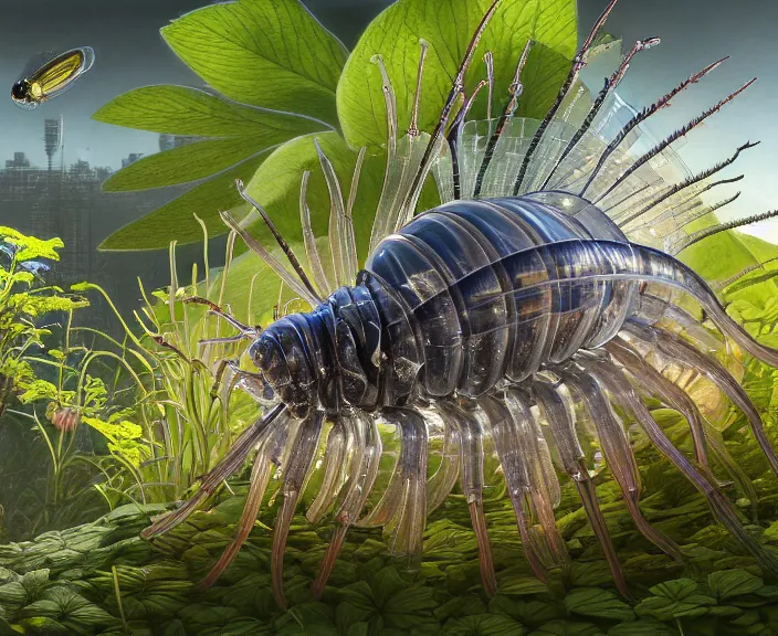 Image similar to transparent clear see - through image of many isopods, lush botany, flowers, industrial plant environment, ultra realistic, concept art, photorealistic, octane render, 8 k, unreal engine. art by gustave dore and nori inoguchi and sam kaplan and zachary goulko and christopher marley and artgerm and alphonse mucha