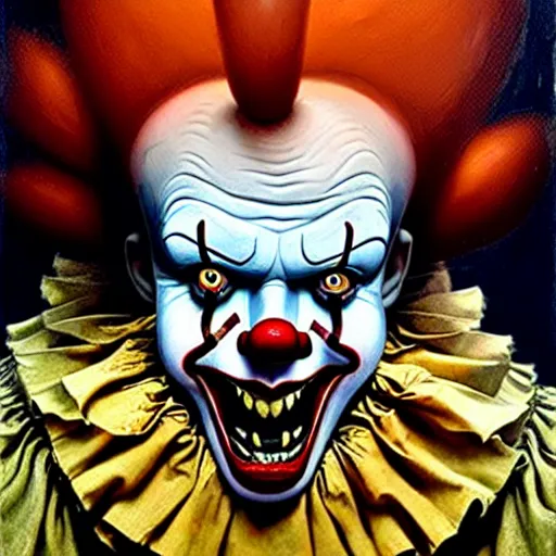 Image similar to portrait of pennywise the clown from it. demonic cenobite. sharp yellow teeth. holding a red balloon. oil painting by lucian freud. path traced, highly detailed, high quality, j. c. leyendecker, drew struzan tomasz alen kopera, peter mohrbacher, donato giancola