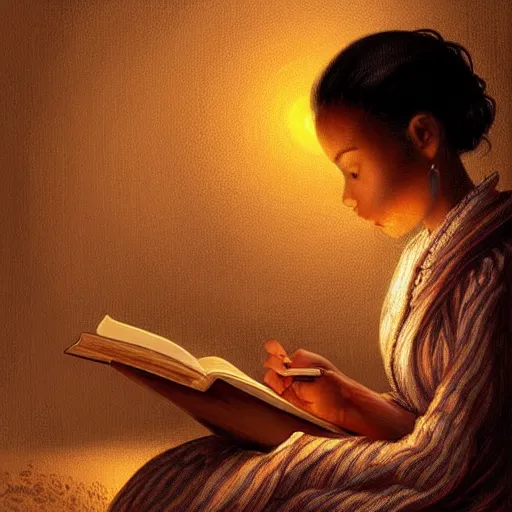 Image similar to village girl reading a book, candle light, highly detailed, digital painting, artstation, concept art, art by artgerm and Johfra Bosschart