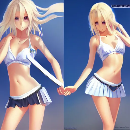 Image similar to full body shot : a very beautiful young blond tennis anime girl, sky blue eyes,, bikini, white miniskirt, highly detailed, cinematic wallpaper by stanley artgerm lau