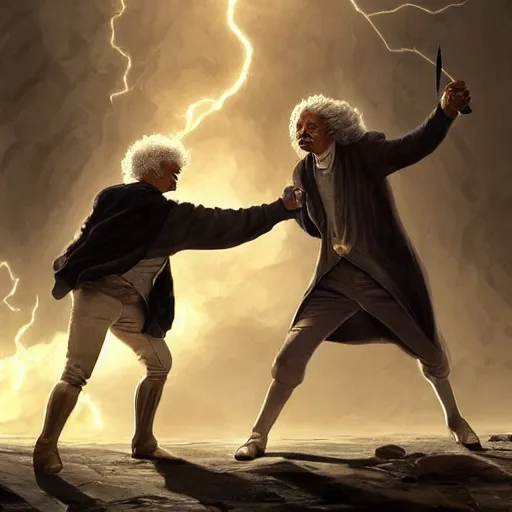 Prompt: Isaac newton fights albert einstein with a sword, Trending on artstation, environment and concept art, wide shot, iridescent, flickering light, , full body, minimalistic, very detailed, dramatic cinematic lighting rendered by octane, 8k, detailed, intricate, clean and textures, trending on artstation, treanding on deviantart, trending on cgsociety, pinterest
