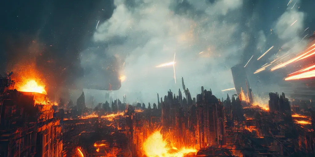 Image similar to a meteor crashing on a gothic cyberpunk city, giant explosion, fire, trail of smoke, high quality, detailed, 8k, science fiction