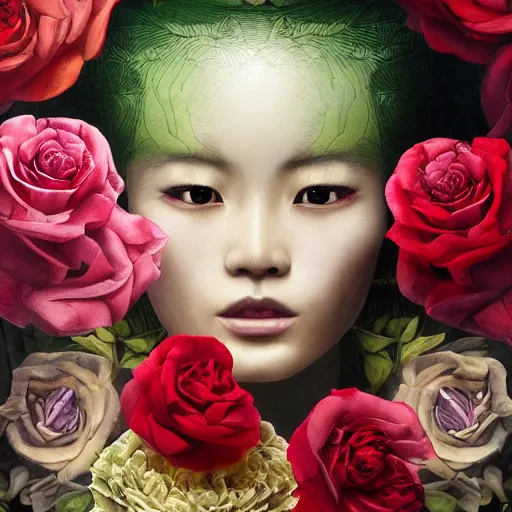 Image similar to the anatomy of a head of lettuce with roses that resemble a beautiful asian woman, an ultrafine detailed painting by james jean, intricate linework, bright colors, final fantasy, behance contest winner, vanitas, angular, altermodern, unreal engine 5 highly rendered, global illumination, radiant light, detailed and intricate environment