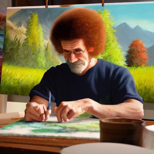 Image similar to a closeup photorealistic photograph of bob ross working on a canvas painting of spiderman. film still. brightly lit scene. mountains and trees. this 4 k hd image is trending on artstation, featured on behance, well - rendered, extra crisp, features intricate detail, epic composition and the style of unreal engine.