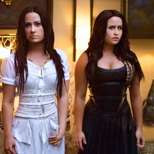 Image similar to close-up of Demi Lovato as Piper Halliwell and Selena Gomez as Phoebe Halliwell and Ariana Grande as Prue Halliwell in a Charmed movie directed by Christopher Nolan, movie still frame, promotional image, imax 35 mm footage