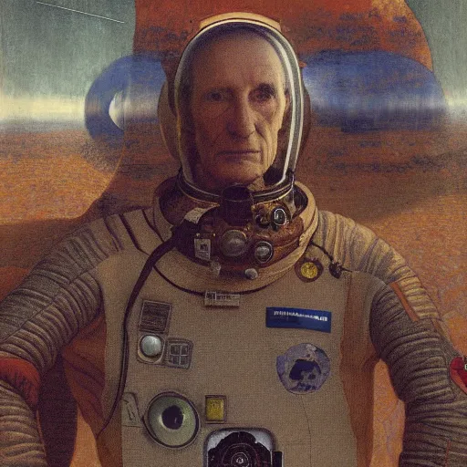 Image similar to William S. Burroughs in spacesuit, lost in the Martian forest at dusk, by Edgar Maxence and Ross Tran and Michael Whelan and Gustav Klimpt