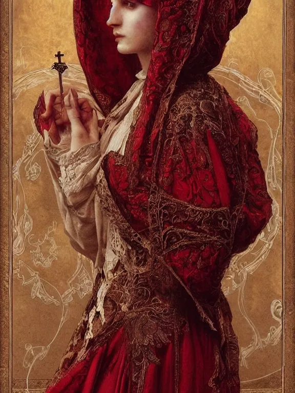 Image similar to a beautiful render of a catholic veiled red queen with symmetry intricate detailed ,by Andrei Riabovitchev,Lawrence Alma-Tadema,aaron horkey,Billelis,trending on pinterest,gold,golden ratio,cinematic lighting