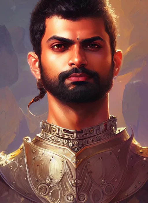 Prompt: portrait of rahul kohlil, knight, d & d, muscular! fantasy, intricate, elegant, highly detailed, digital painting, artstation, concept art, smooth, sharp focus, illustration, art by artgerm and greg rutkowski and alphonse mucha