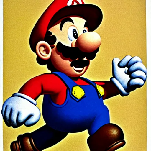 Prompt: color lithograph of super mario by adolphe millot