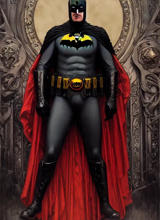 Image similar to majestic gothic batman black armored sinister man noir movie poster, art style by edmund leighton, tom bagshaw, alphonse mucha, exquisite digital art, haunting, masterpiece, organic painting, photorealistic, ornate and hyper detailed