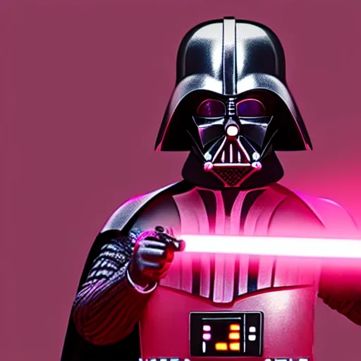 Image similar to darth vader in pink outfit, photoreal, still frame, cinematic