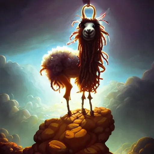 Prompt: llama with dreadlocks, epic scene, cinematic light, by peter mohrbacher