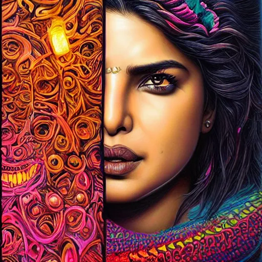 Image similar to portrait of priyanka chopra, hyper detailed masterpiece, neon floral pattern, jean giraud, digital art painting, darkwave goth aesthetic, psychedelic, artgerm, donato giancola and tom bagshaw