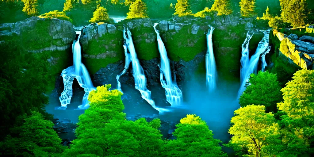 Image similar to evergreen valley, several waterfalls, ancient marble city, tall buildings, landscape, global illumination, morning light, radiant light, bird's eye view