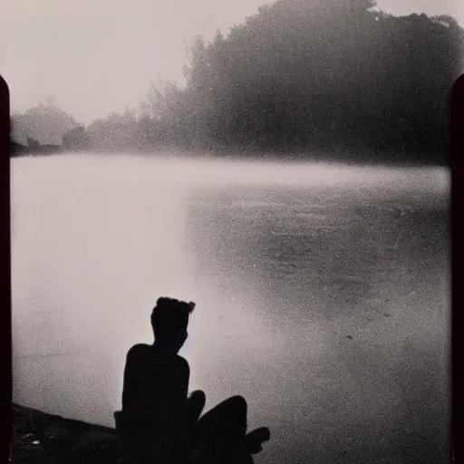 Prompt: extremely sad scene of an entity man sitting on the edge of a lagoon, mist, bloody sunset, polaroid photography from the 70s
