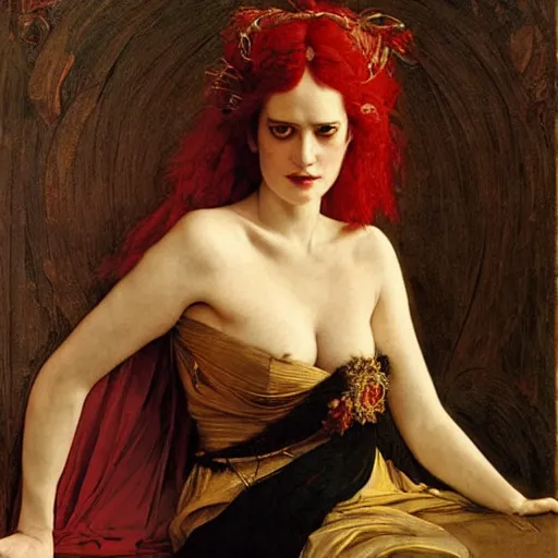 Image similar to eva green as a bandit queen, goddess of fire, fine silk red dress, by edgar maxence and caravaggio and michael whelan and delacroix