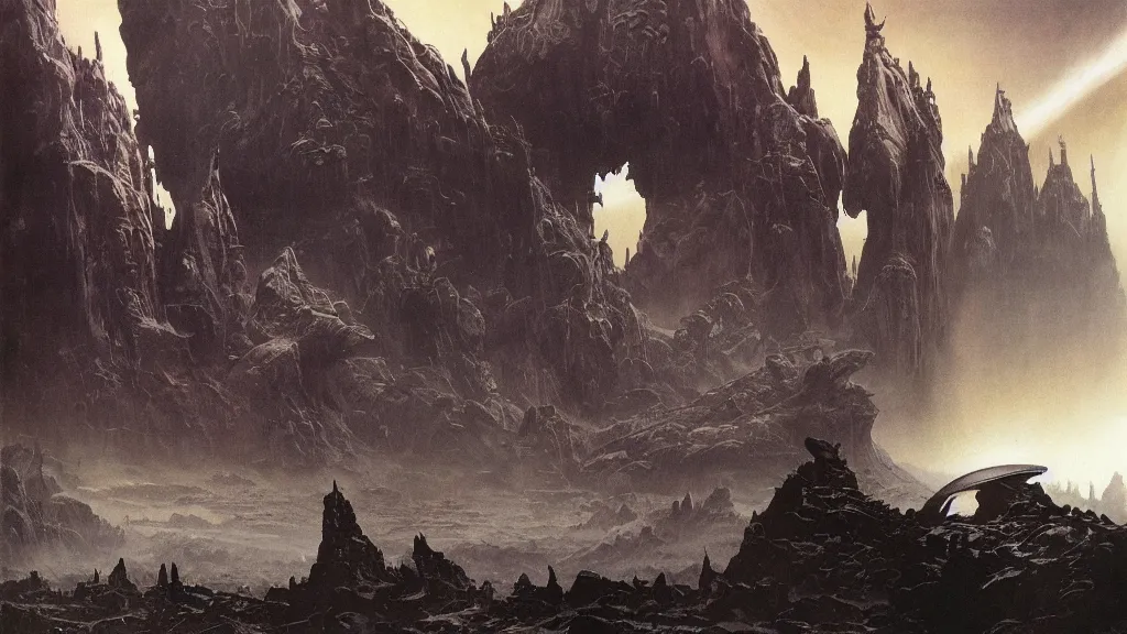 Image similar to eerie alien planet empire by frank frazetta and bruce pennington, cinematic matte painting